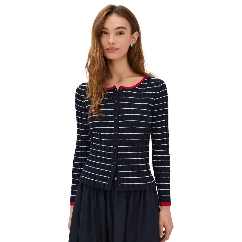 Alex Mill Womens Navy White Striped Cotton Cashmere Ribbed Cardigan Red Trim L